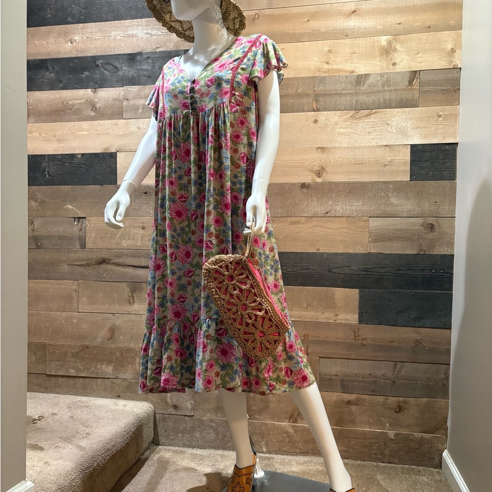 Floral V-Neck Midi Dress in Pink & Green